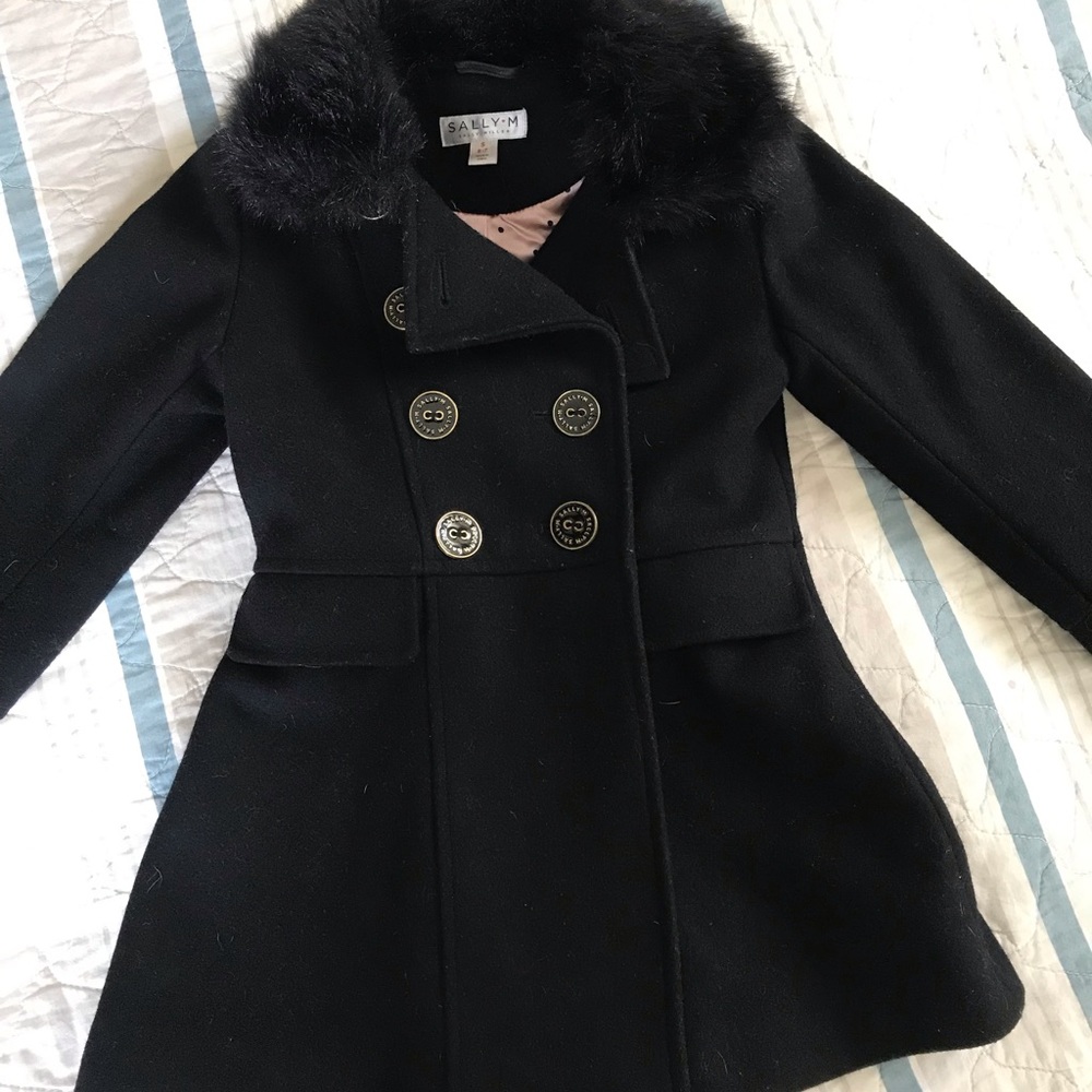 Sally Miller Girls Black Wool Winter Coat 6 Small